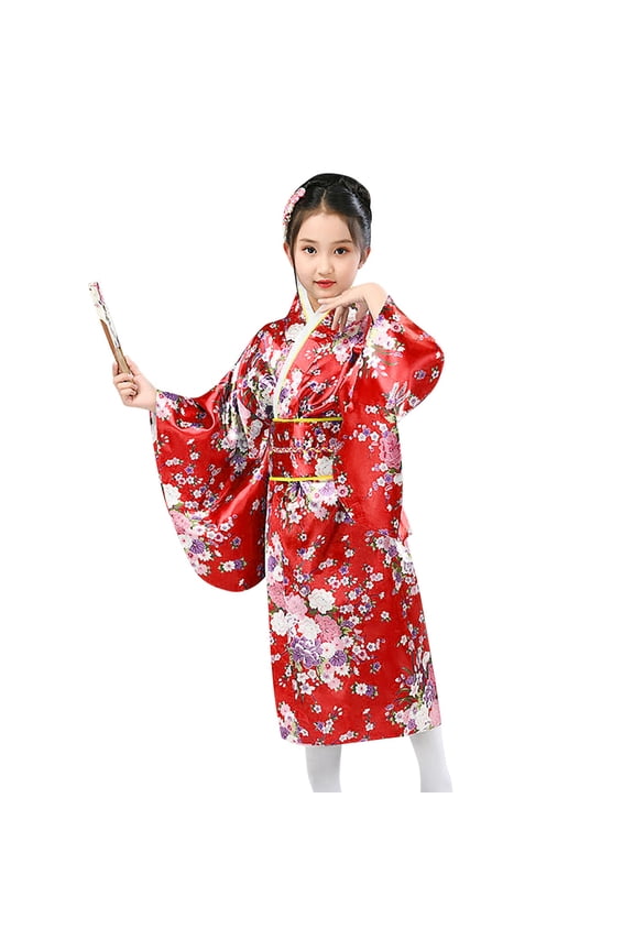 Girls Floral Kimono Yukata, Japanese Style Traditional Dress, Kids Silk Satin Robe for Photography