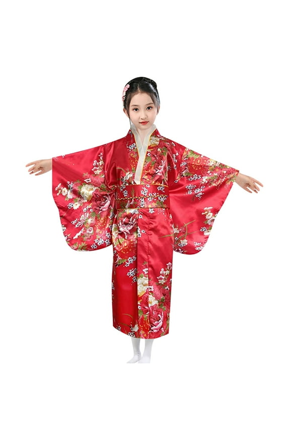 Girls Floral Kimono Yukata, Japanese Style Traditional Dress, Kids Silk Satin Robe for Photography