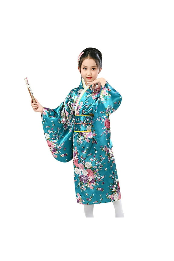 Girls Floral Kimono Yukata, Japanese Style Traditional Dress, Kids Silk Satin Robe for Photography