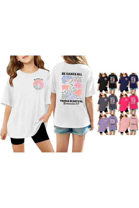 Girls Floral T-Shirt Fresh Flower Botanical Pattern Print Loose Fit Crewneck Short Sleeve Summer Sweet Tee Top
