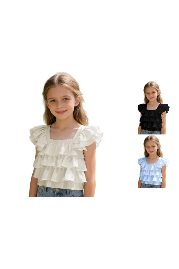 Girls Flutter Sleeve Blouse Sweet Solid Color Lettuce Trim Square Neck Casual Smart Summer Top Wear 2-16Y