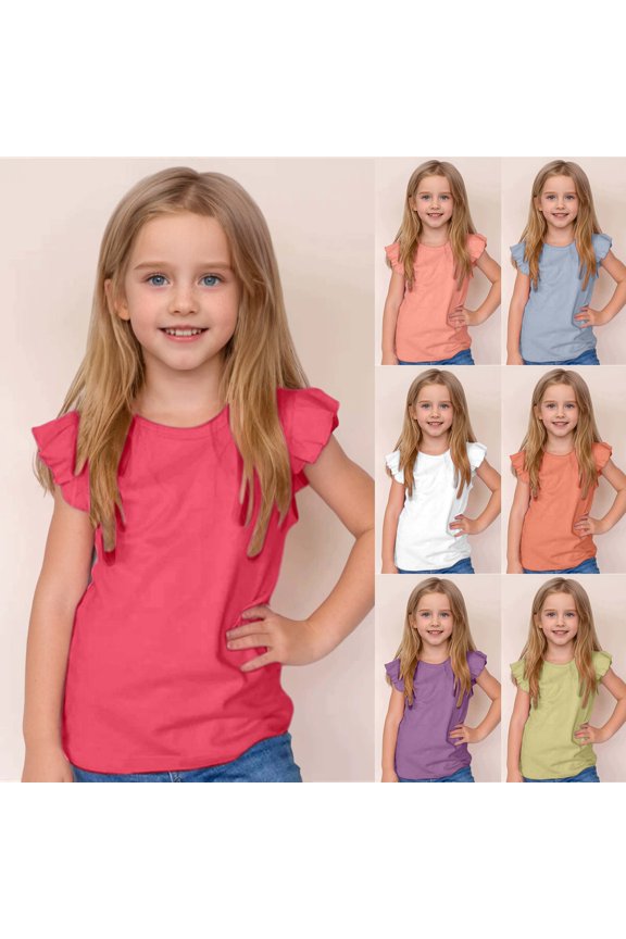 Girls Flutter Sleeve Candy Color Tee Fashion Loose Fit Short Sleeve Ruffle T-Shirt Top Soft Cotton Summer Breathable Shirt Trendy Little Girls Playwear Vibrant Casual