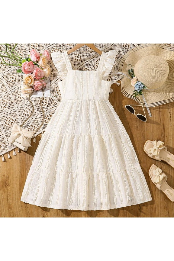 Girls French Style Lace Cami Dress Kids Elegant Solid Color Princess Gown Summer Sophisticated Formal Party Dress for Teens High-End Boutique Summer Outfits for Ages 7-12 Years White