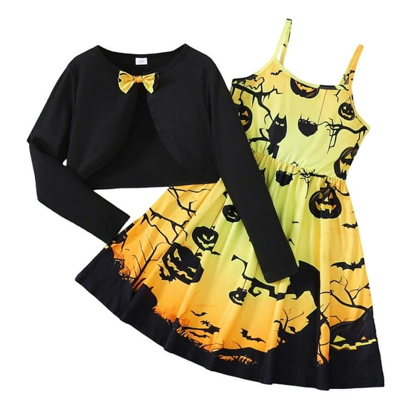RTKFRFLM Girls Halloween Outfits Long Sleeve Jacket With Pinafore Dress Set For Big Kids Fall Winter Casual Party School Wear Pumpkin Print Clothing Sets,Size 11-12 Years