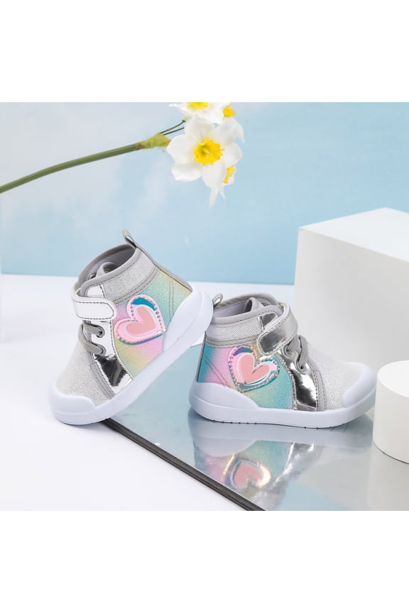 Girls High-Top Canvas Shoes Princess Casual High-Top Sneakers for Kids Silver 2.5-3 Years
