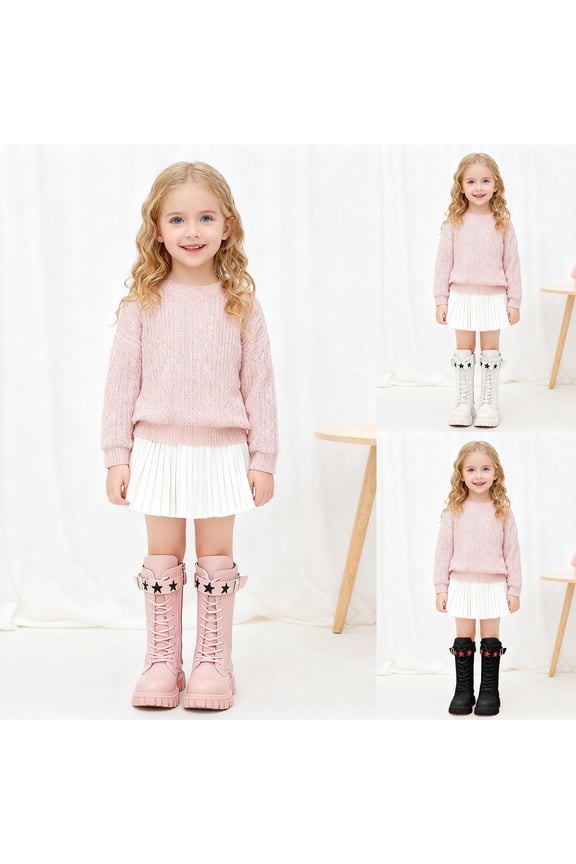 Girls High Top Princess Boots Fashionable Star Decor Boots with Belt Buckle White 5-5.5 Years