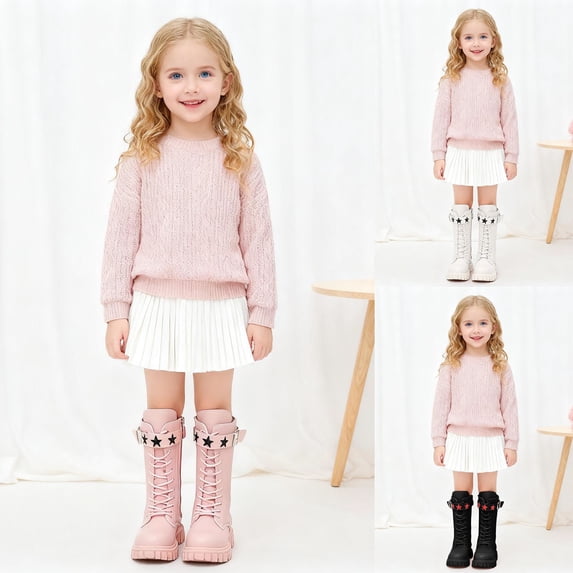 RTKFRFLM Girls High Top Princess Boots Fashionable Star Decor Boots with Belt Buckle White 5-5.5 Years