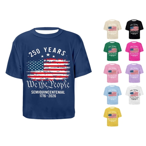 RTKFRFLM Girls Independence Day T-Shirt US Flag Red White Blue Graphic Crewneck Short Sleeve Summer Holiday Tee 5-14 Years