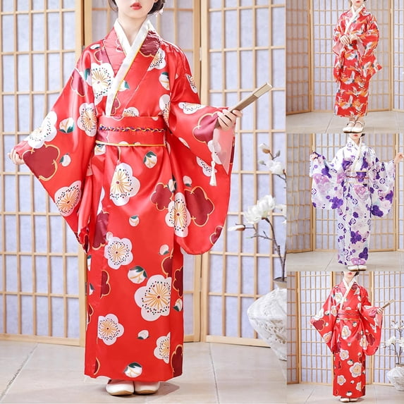 RTKFRFLM Girls Japanese Style Kimono Robe Traditional Yukata Dress for Performance Red1 11-12Years