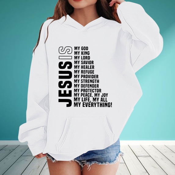 RTKFRFLM Girls Jesus Hoodie Christian Faith Letter Print Hooded Sweatshirt with Pocket Winter Fall Long Sleeve Pullover Tops for Kids
