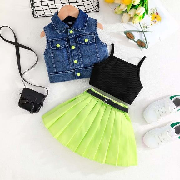 RTKFRFLM Girls Kids Summer Casual 4-Piece Outfit Denim Vest Camisole Green Pleated Skirt with Belt Set Sizes 3-7Y