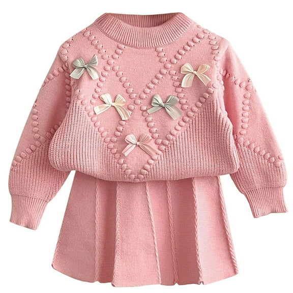 RTKFRFLM Girls Knit 2 Piece Sweater Set Winter Outfits Toddler Kids Soft Comfortable Casual Dress With Bow Embroidery Clothes Clothing Sets,Size 5-6 Years