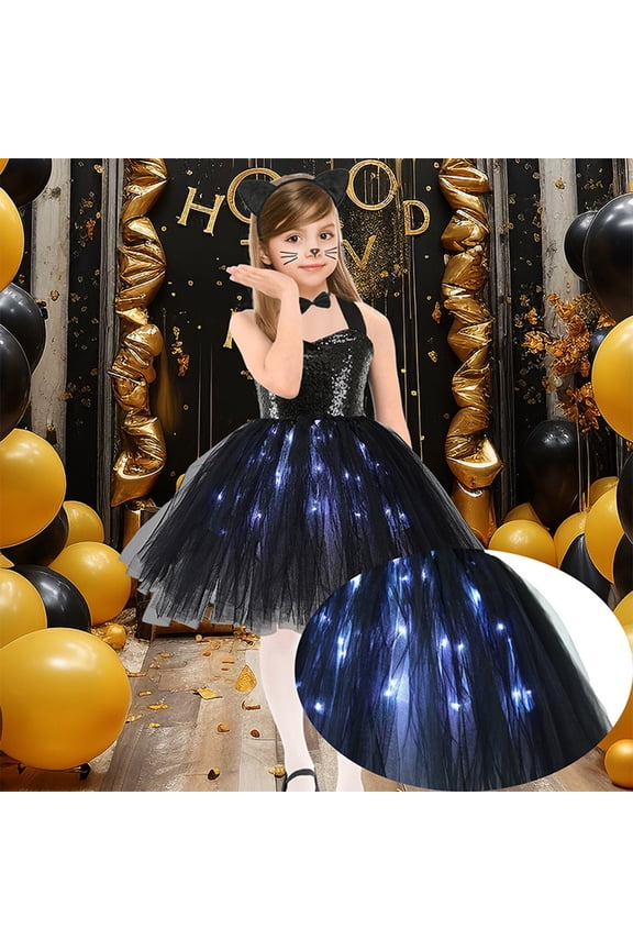 Girls LED Light Up Black Cat Tutu Dress Kids Glowing Mesh Princess Gown for Halloween and Party Toddler Neon Animal Cosplay Costume Shiny Performance Outfits for Ages 2-10 Years