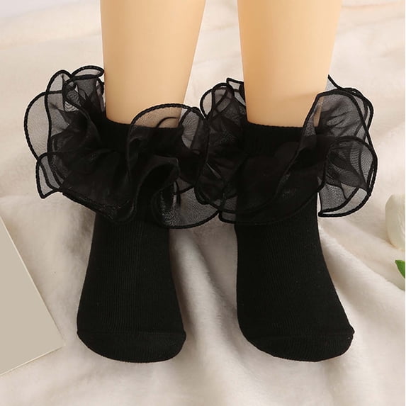 RTKFRFLM Girls Lace Socks Ruffle Trim Cotton Princess Dress Socks Black 1-3 Years
