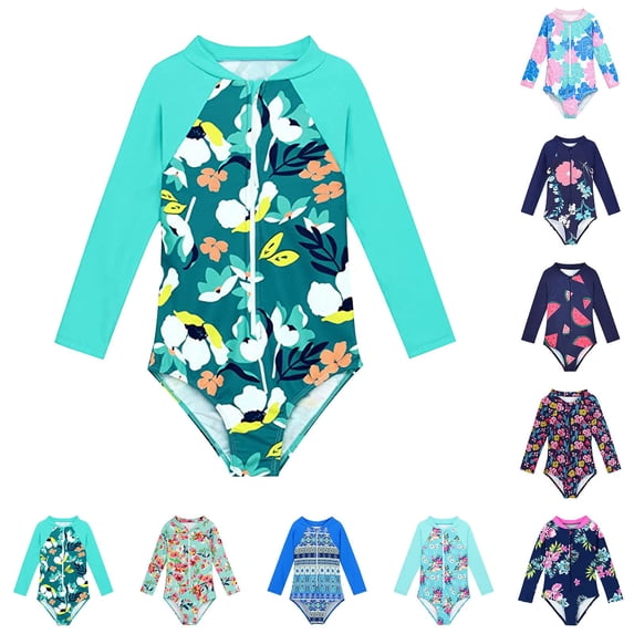RTKFRFLM Girls Long Sleeve One Piece Rash Guard Kids Zippered Floral Print Swimsuit Full Coverage Sun Protection Bathing Suit Summer Beach Bikini Swimwear