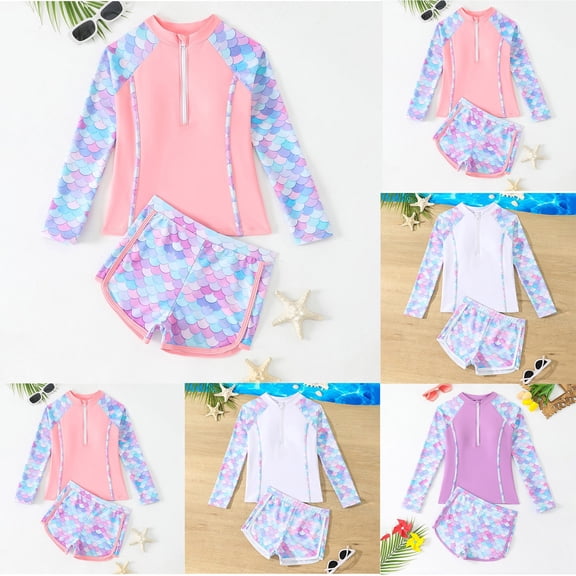 RTKFRFLM Girls Long Sleeve Rash Guard Set with Pads 2-Piece Zipper Bathing Suit for Big Kids & Teens UV Sun Protection