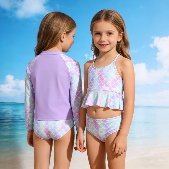 RTKFRFLM Girls Long Sleeve Rash Guard Swimwear Set with Scale Pattern Zip Up Top and Swim Shorts, Two Piece Sun Swimwear