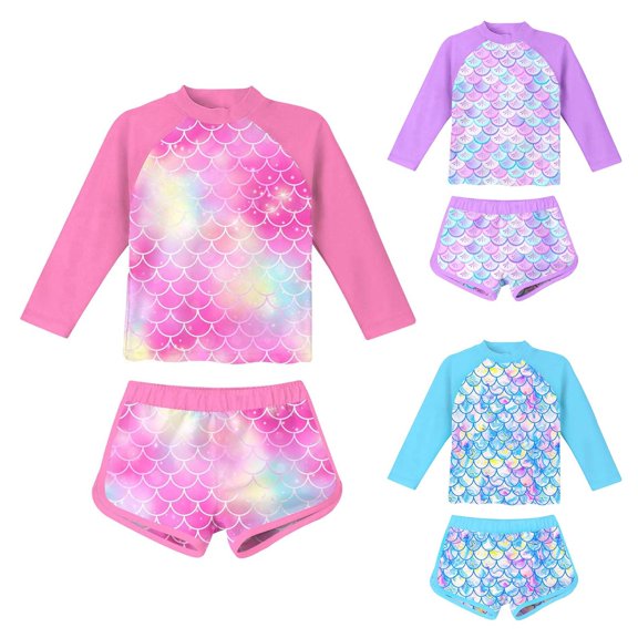 RTKFRFLM Girls Long Sleeve Swimsuit 2-Piece Floral Rash Guard & Bottoms Kids UV Sun Protection Cute Beach Bathing Suit