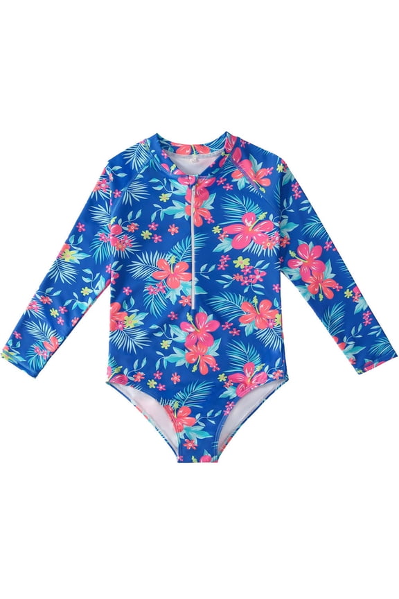 Girls Long Sleeve Swimsuit Cartoon Flower Print Sun Protection Rash Guard One Piece Bathing Suit Beachwear