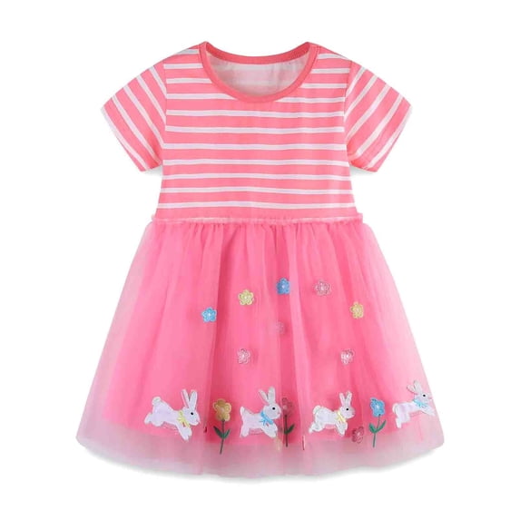 RTKFRFLM Girls Mesh Tutu Dress Summer Easter Cartoon Embroidered Tulle Skirt Princess Party A-Line Dress for Toddlers