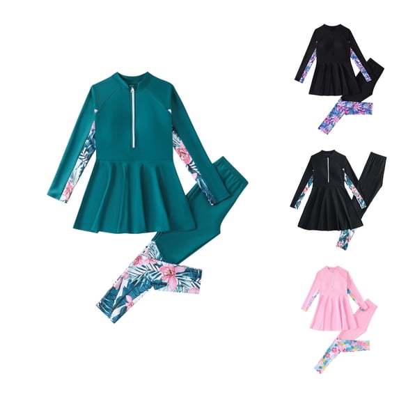 RTKFRFLM Girls Modest Swimwear Set Long Sleeve Top and Pants Hijab Swimsuit Black2 14-15 Years