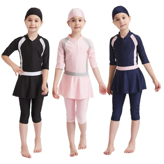 RTKFRFLM Girls Modest Swimsuit 3-Piece One Piece Swimwear with Skirt & Swim Hat Full Coverage Bathing Suit
