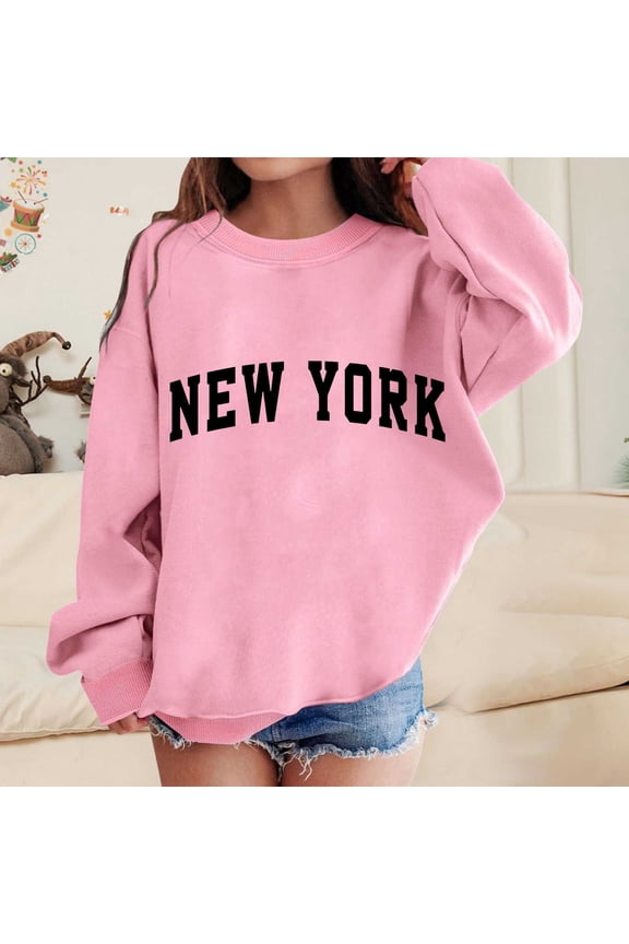 Girls New York Sweatshirt Trendy NY City Letter Graphic Print Crewneck Pullover No Hood Casual Long Sleeve Outfits Tops for Kids