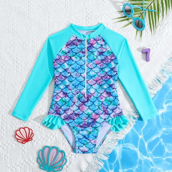 RTKFRFLM Girls One Piece Scale Swimsuit Teal Green Zipper Front Bathing Suit Kids Summer Beach Rash Guard Fashionable Shimmering Swimwear for Girls