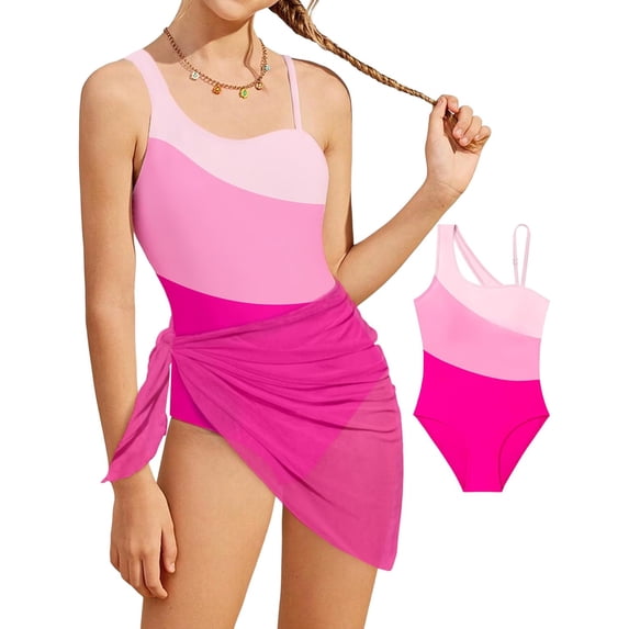 RTKFRFLM Girls One Piece Swimsuit Color Block Splicing One Shoulder Cut Out Mesh Bathing Suit Fashionable Swimwear for Big Kids Summer Pool Beach Wear Dark Green 11-12 Years