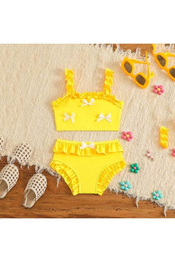 Girls One Piece Swimsuit Korean Style with Bow and Ruffle Straps, Cute Swimwear for Baby Kids