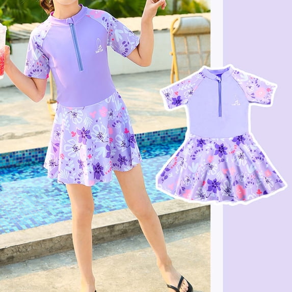 RTKFRFLM Girls One-Piece Swimsuit Modest Cartoon Floral Print Beach Bathing Suit Purple XXL