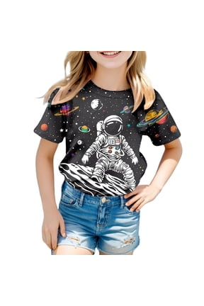 Girls Outer Space T-Shirt Cool Galaxy Planets Graphic Crewneck Short Sleeve Summer Casual Fashion Tee 3-14Y