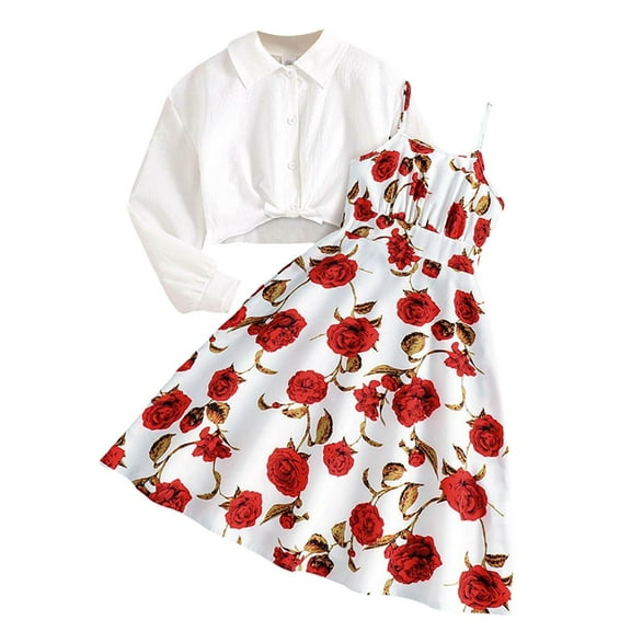 RTKFRFLM Girls Outfits Set French Floral Print Sleeveless Dress With Long Sleeve Cardigan Fall Casual Outfit For Kids Age 7 12 Clothing Sets,Size 11-12 Years