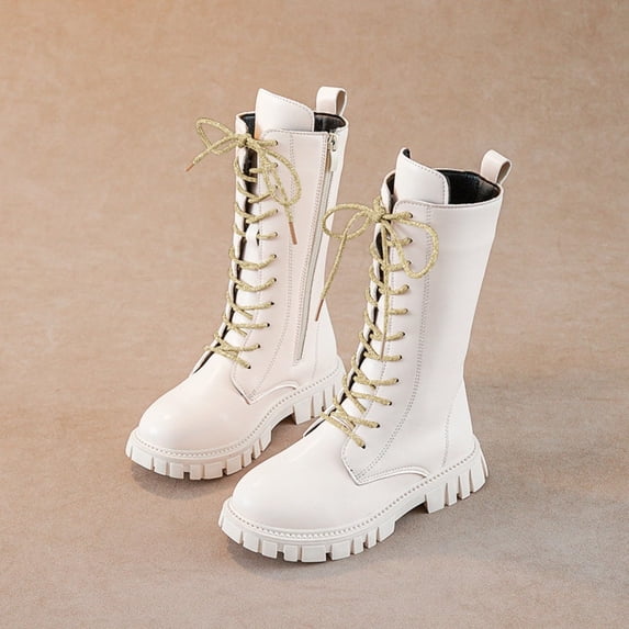 RTKFRFLM Girls PU Leather Tall Lace-Up Boots, Flat Thick Sole Non- Fashion Boots for Kids, Ages 4â12