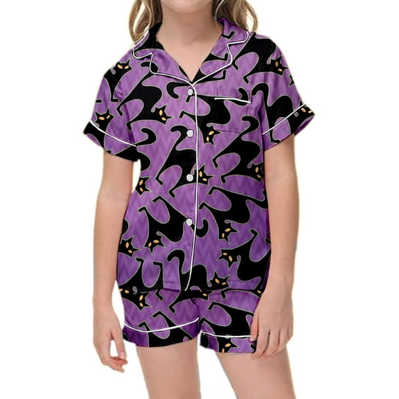 RTKFRFLM Girls Pajamas Kids Halloween Cartoon Floral Printed Short Sleeve Button Down Pajamas Shorts Set Sleepwear Outfits Pjs Sleepwear Loungewear,Size 8 Years-9 Years