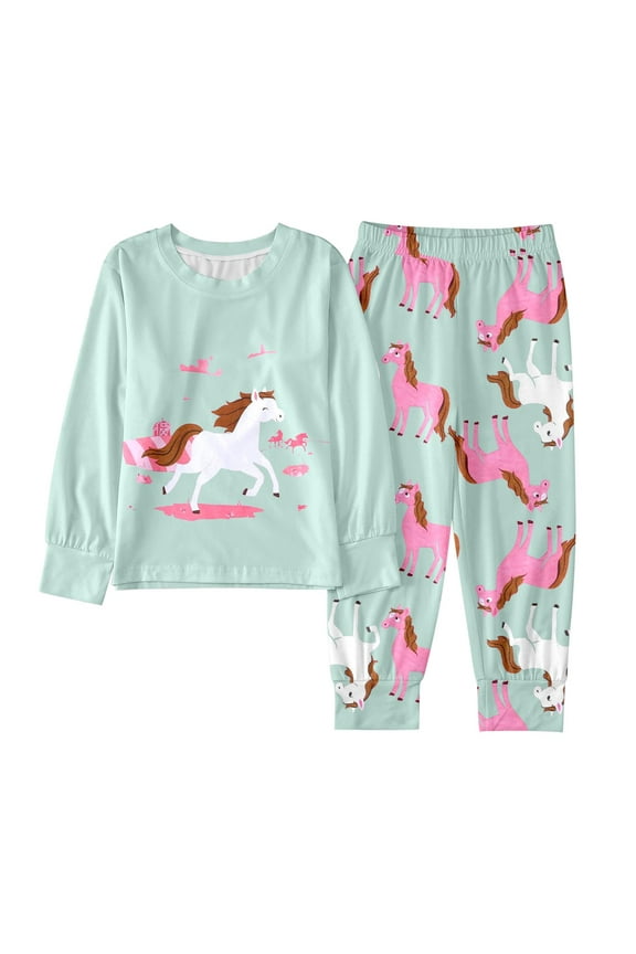 Girls Pajamas Winter Sleepwear Set Long Sleeve Pajamas With Cartoon White Horse Print Loungewear Kids Soft 2 Piece Outfit Pjs Sleepwear Loungewear,Size 5 Years-6 Years