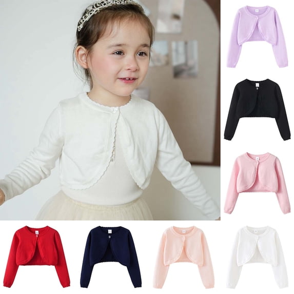 RTKFRFLM Girls Round Neck Knit Cardigan Classic Button-Down Sweater Shawl for Kids White 5-6 Years