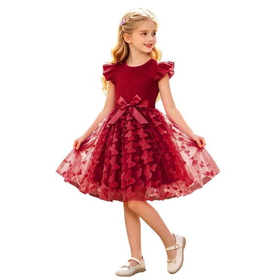 RTKFRFLM Girls Ruched Dress Summer Flutter Sleeve 3D Butterfly Details Smocked Bodice Cotton A-Line Sundress Kids 3-7Y