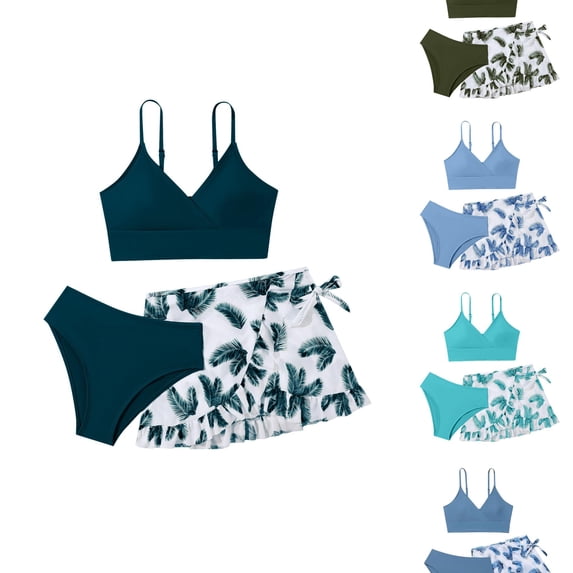 RTKFRFLM Girls Ruffle Bikini Set 3-Piece Fashionable Beach Bathing Suit Light Blue 11Y