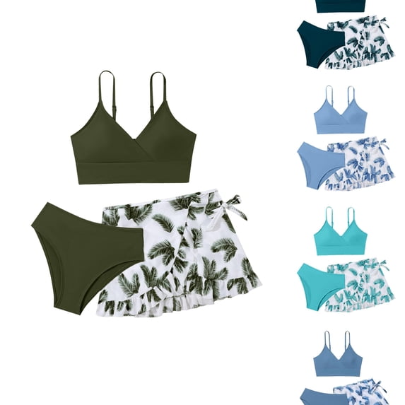 RTKFRFLM Girls Ruffle Bikini Set 3-Piece Fashionable Beach Bathing Suit Light Blue 11Y