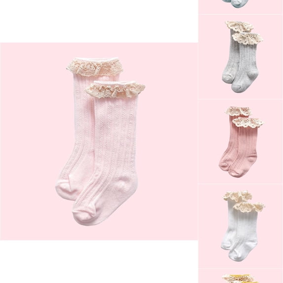RTKFRFLM Girls Ruffle Lace Knee High Socks Cotton Princess Long Stockings for Toddlers Pink 1-3 Years