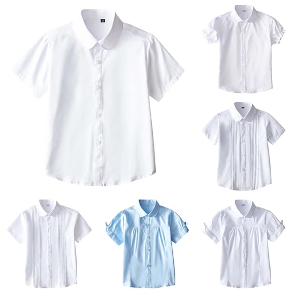 RTKFRFLM Girls School Uniform Summer Short Sleeve White Shirt Plus Size Student Performance Dress Blouse for Back to School Season
