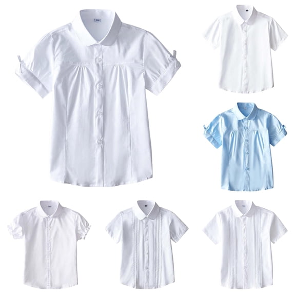 RTKFRFLM Girls School Uniform Summer Short Sleeve White Shirt Plus Size Student Performance Dress Blouse for Back to School Season