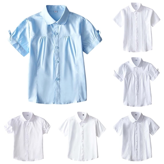 RTKFRFLM Girls School Uniform Summer Short Sleeve White Shirt Plus Size Student Performance Dress Blouse for Back to School Season