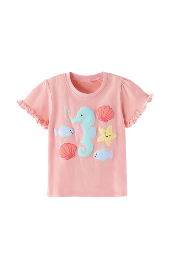 Girls Seahorse 3D T-Shirt Whimsical Marine Animal Graphic Crewneck Short Sleeve Summer Beach Fashion Tee Top
