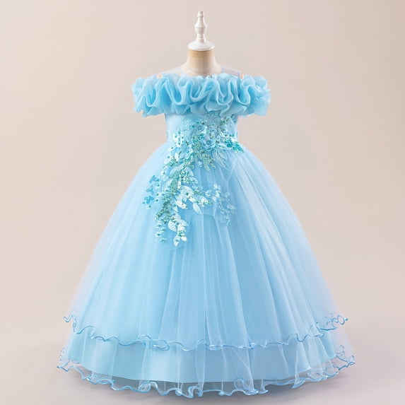 RTKFRFLM Girls Sequin Floral Gown Mesh Tulle Princess Dress for Wedding and Party Sky Blue 8 Years