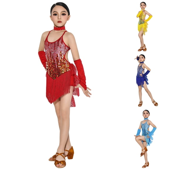 RTKFRFLM Girls Sequin Latin Dance Kids Sparkly Tassel Fringe Dress for Competition and Stage Performance Girls Ballroom Salsa Dancewear with Sequin Details Shiny Outfits