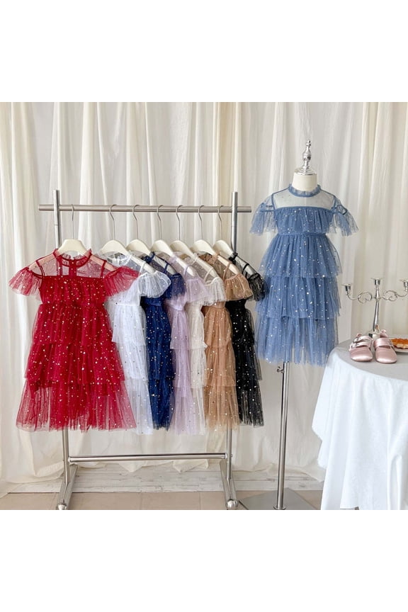 Girls Sequin Stars Tutu Dress Tiered Mesh Cake Skirt Performance Gown Coffee 7-8 Years