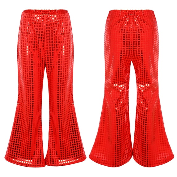 RTKFRFLM Girls Shiny Sequin Pants Polka Dot Flare Performance Trousers Hot Pink 6-7 Years