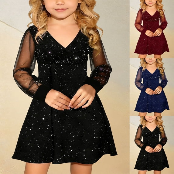 RTKFRFLM Girls Shiny V-Neck Flare Dress Kids Long Sleeve Sparkly New Year Carnival Party Gown Loose Fit Casual Glitter Dress for Holiday Celebration Fashionable Festival Wear Gold